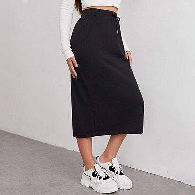Midi Skirts for Womens Soft High Waist Elastic Trendy Drawstring Slit Sweat Skirts with Pockets