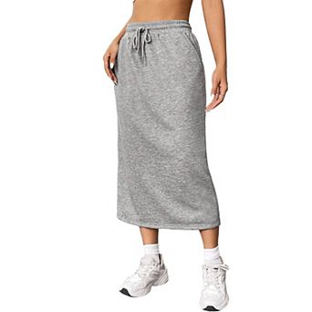 Midi Skirts for Womens Soft High Waist Elastic Trendy Drawstring Slit Sweat Skirts with Pockets