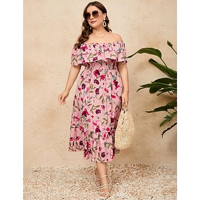 Women's Plus Size Long A Line Dress Boho Floral Print Off Shoulder Dress
