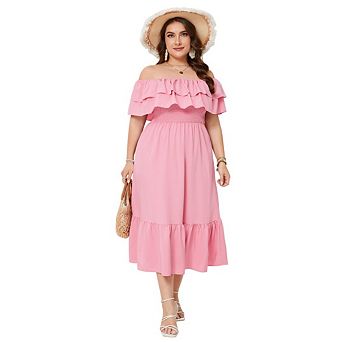 Women's Plus Size Long A Line Dress Boho Floral Print Off Shoulder Dress