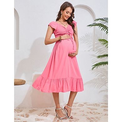 Womens Maternity Short Sleeve Sweetheart Neck Casual Smocked Boho Drawstring Midi Dress