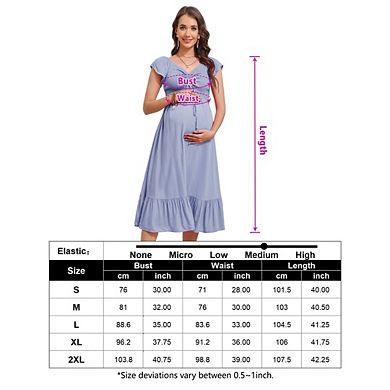 Womens Maternity Short Sleeve Sweetheart Neck Casual Smocked Boho Drawstring Midi Dress