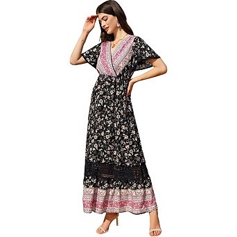 Women's Summer Ruffled V Neck Wrap Print Bohemian Long Dress Perfect for Vacations and Travel