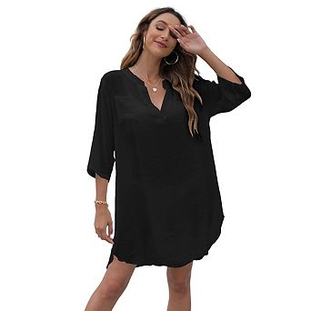 Women's Summer V Neck Short Sleeve Dresses Casual Solid Color Beach Vacation Coverup Dress