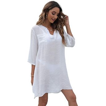 Women's Summer V Neck Short Sleeve Dresses Casual Solid Color Beach Vacation Coverup Dress