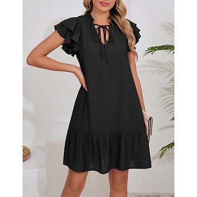Women's Ruffle Sleeve Dress Tie Neck Flowy Midi Sundress with Ruffle Hem