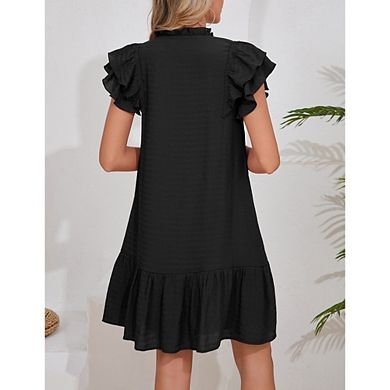 Women's Ruffle Sleeve Dress Tie Neck Flowy Midi Sundress with Ruffle Hem