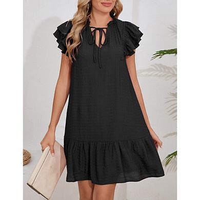Women's Ruffle Sleeve Dress Tie Neck Flowy Midi Sundress with Ruffle Hem