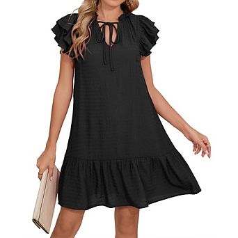 Women's Ruffle Sleeve Dress Tie Neck Flowy Midi Sundress with Ruffle Hem