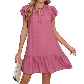Women's Ruffle Sleeve Dress Tie Neck Flowy Midi Sundress with Ruffle Hem