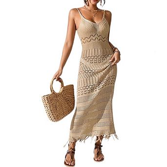 Women's Summer Crochet Knit Long Dresses Sleeveless Tassel Hem Beach Vacation Cami Dress