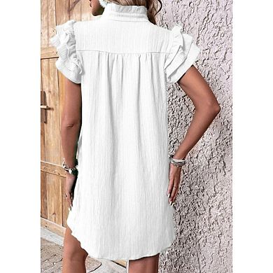 Womens Casual Loose Solid Flowy Sundress Summer Dresses Ruffle Cap Short Sleeve V Neck Mini Dress