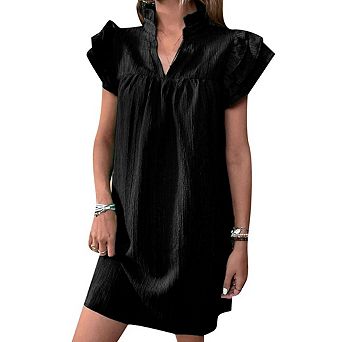 Womens Casual Loose Solid Flowy Sundress Summer Dresses Ruffle Cap Short Sleeve V Neck Mini Dress