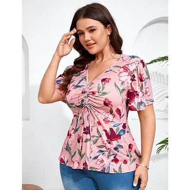 Womens Plus Size Short Sleeve Shirts Casual Pleated Notched V Neck Tee Shirts
