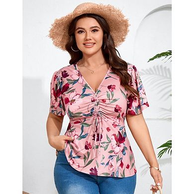 Womens Plus Size Short Sleeve Shirts Casual Pleated Notched V Neck Tee Shirts