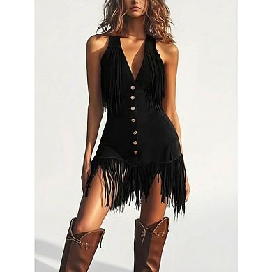 Women's Sleeveless Faux Suede Fringe Halter Mini Dress