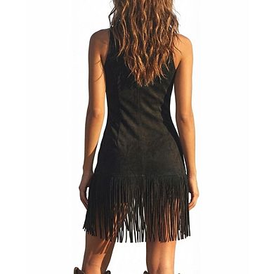 Women's Sleeveless Faux Suede Fringe Halter Mini Dress
