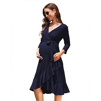 Women's Casual Maternity Dress V Neck High Waisted Midi Dress Suitable for Vacation