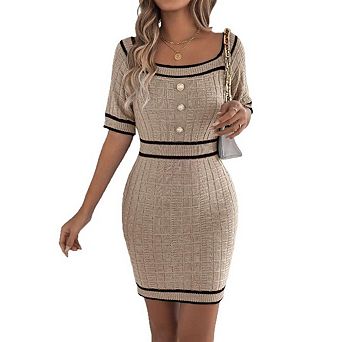 Women's Trendy Casual Midi Dresses Short Sleeve Slim Bodycon Dress Square Neck Color Block Stripes