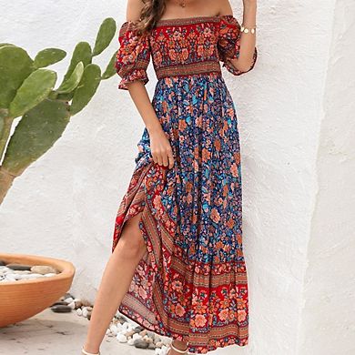 Women's Short Sleeves Boho Floral Print Tiered Maxi Dress