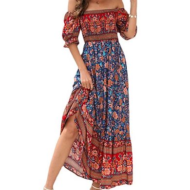 Women's Short Sleeves Boho Floral Print Tiered Maxi Dress