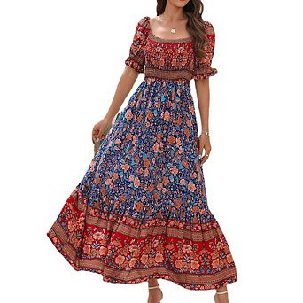 Women's Short Sleeves Boho Floral Print Tiered Maxi Dress