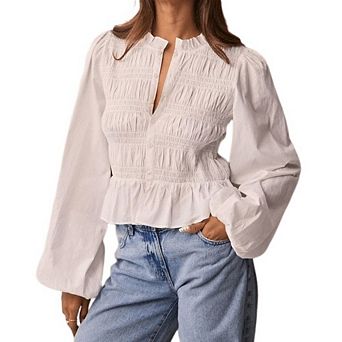 Women's Vintage Smocked Peplum Blouse Ruffled Neck Balloon Long Sleeves Top