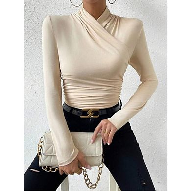 Women's Ruched Mock Neck Long Sleeve Top Form Fitting Wrap Casual Blouse