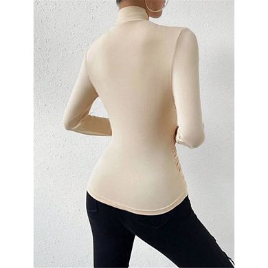 Women's Ruched Mock Neck Long Sleeve Top Form Fitting Wrap Casual Blouse