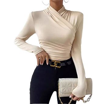 Women's Ruched Mock Neck Long Sleeve Top Form Fitting Wrap Casual Blouse