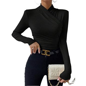 Women's Ruched Mock Neck Long Sleeve Top Form Fitting Wrap Casual Blouse