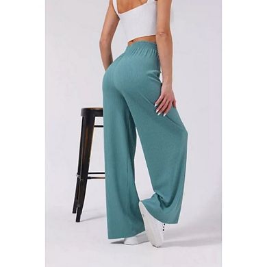 Womens Wide Leg Solid Color High Waisted Adjustable Drawstring Trousers Casual
