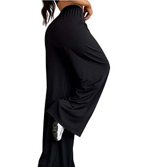 Womens Wide Leg Solid Color High Waisted Adjustable Drawstring Trousers Casual