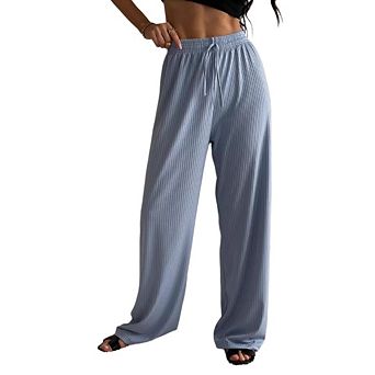 Womens Wide Leg Solid Color High Waisted Adjustable Drawstring Trousers Casual