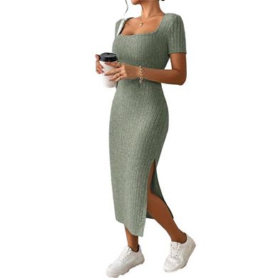 Women's Summer Casual Dresses Short Sleeve Square Neck Bodycon Side Slit Solid Color Long Sundress