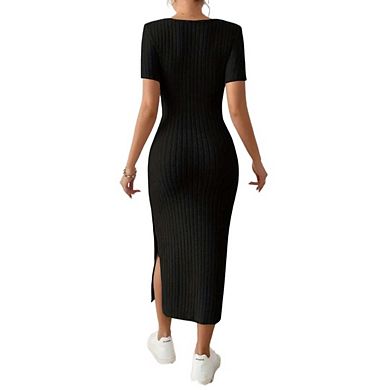 Women's Summer Casual Dresses Short Sleeve Square Neck Bodycon Side Slit Solid Color Long Sundress