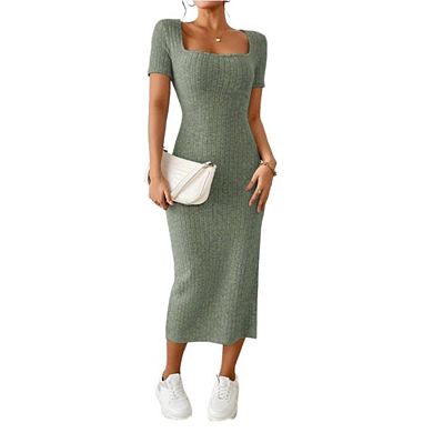 Women's Summer Casual Dresses Short Sleeve Square Neck Bodycon Side Slit Solid Color Long Sundress