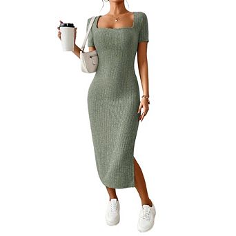Women's Summer Casual Dresses Short Sleeve Square Neck Bodycon Side Slit Solid Color Long Sundress
