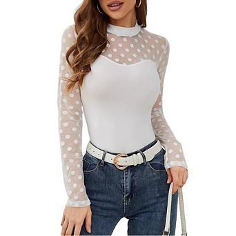 Women's Casual Long Sleeves Top Polka Dot Mesh Mock Neck Sheer Sweetheart Bodice Wear