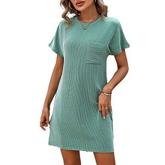 Womens Summer Casual Dress Crew Neck Stripe Short Sleeve Dress Lounge Shirt Mini Dress With Pockets