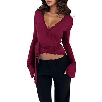 Women's V Neck Lace Patch Crop Tops Long Bell Sleeve Tie Blouses Solid Color T-Shirts