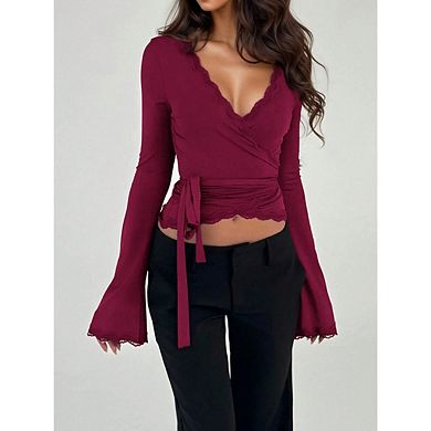 Women's V Neck Lace Patch Crop Tops Long Bell Sleeve Tie Blouses Solid Color T-Shirts
