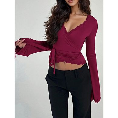 Women's V Neck Lace Patch Crop Tops Long Bell Sleeve Tie Blouses Solid Color T-Shirts