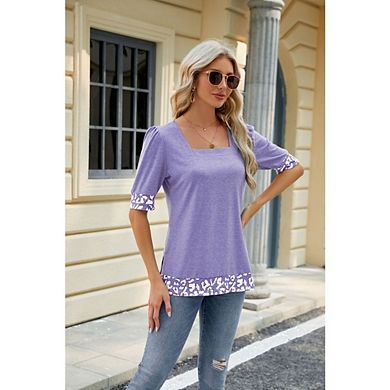 Women's Square Neck Short Sleeve Blouse Puff Sleeve Leopard Office Trim Top