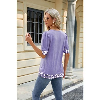 Women's Square Neck Short Sleeve Blouse Puff Sleeve Leopard Office Trim Top