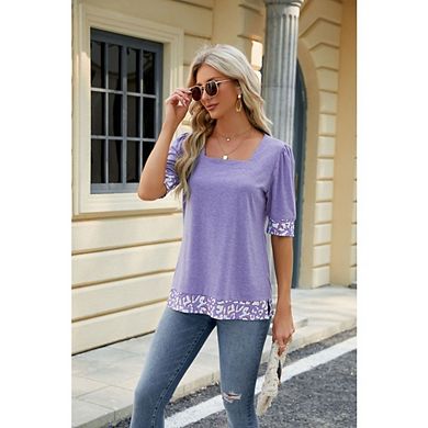 Women's Square Neck Short Sleeve Blouse Puff Sleeve Leopard Office Trim Top
