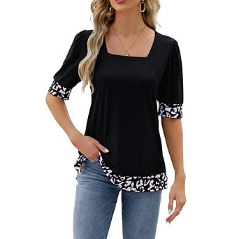 Women's Square Neck Short Sleeve Blouse Puff Sleeve Leopard Office Trim Top