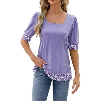 Women's Square Neck Short Sleeve Blouse Puff Sleeve Leopard Office Trim Top