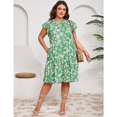 Womens Plus Size Casual Short Sleeve Flare Loose Flowy Beach Sundress with Pockets
