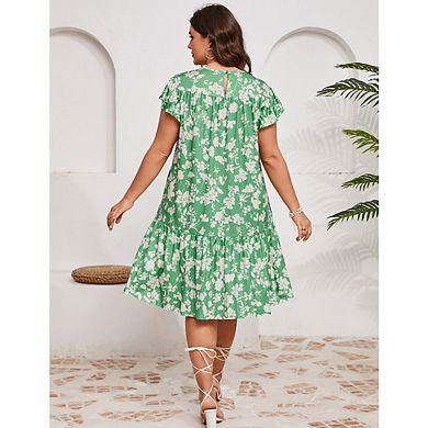 Womens Plus Size Casual Short Sleeve Flare Loose Flowy Beach Sundress with Pockets